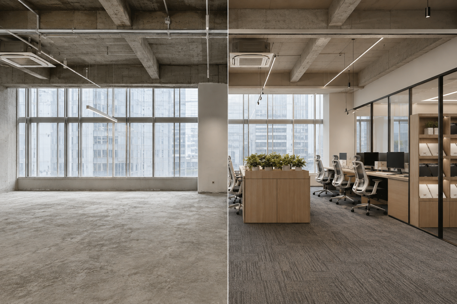 Office interior before and after fit-out comparison
